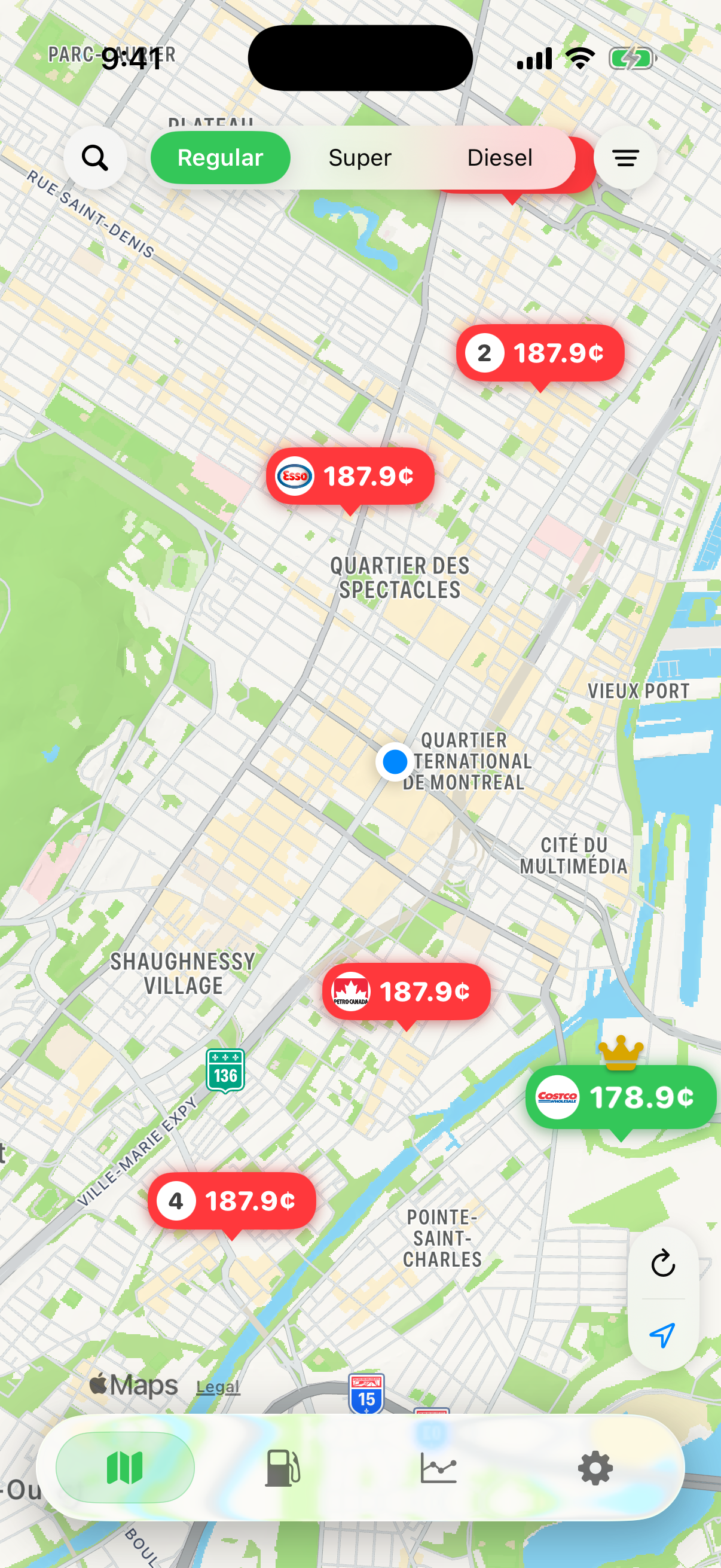 Carte GoFuel des prix de l'essence à Montréal