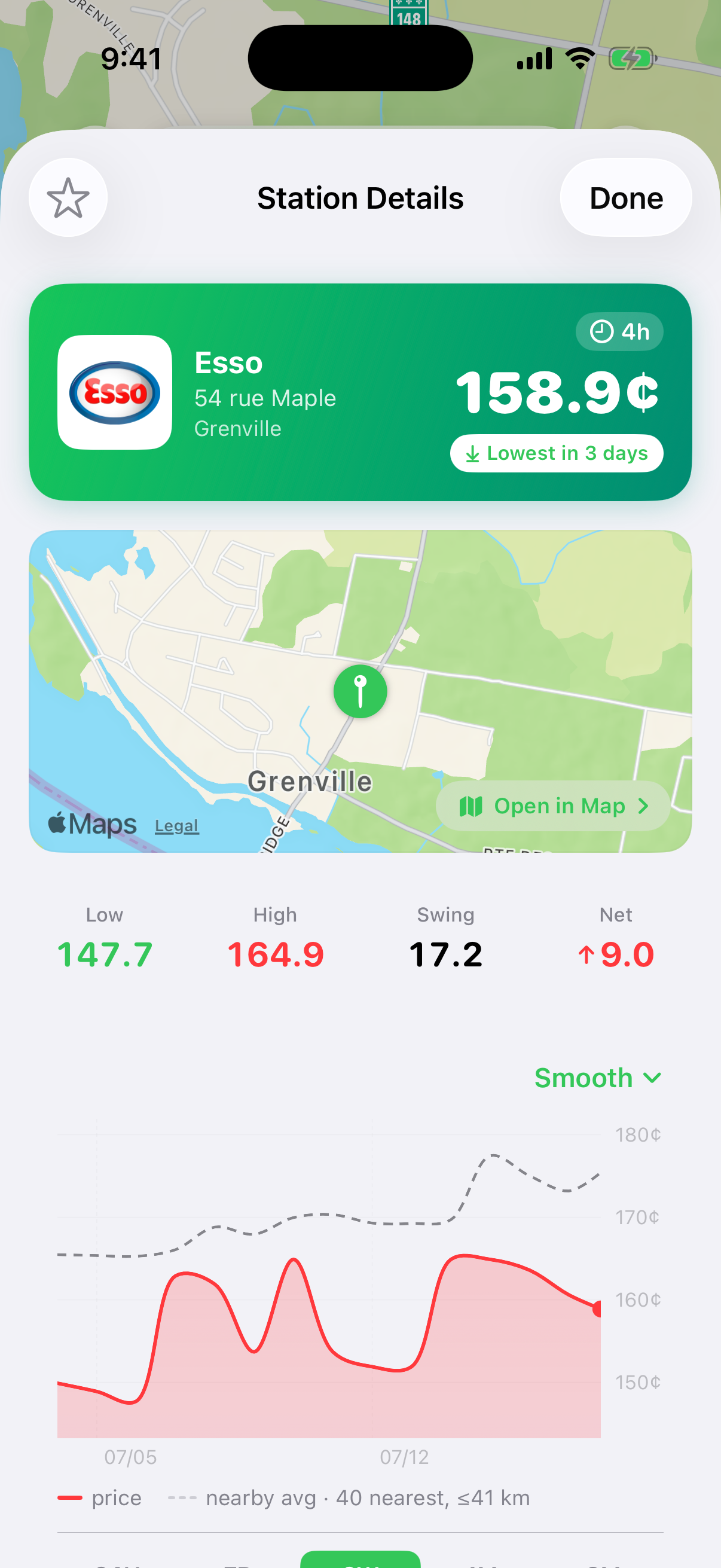 Détail d'une station GoFuel avec l'historique des prix